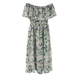 Off The Shoulder Midi Dress Ruffle White Green Floral Size 4 Pretty Little Thing